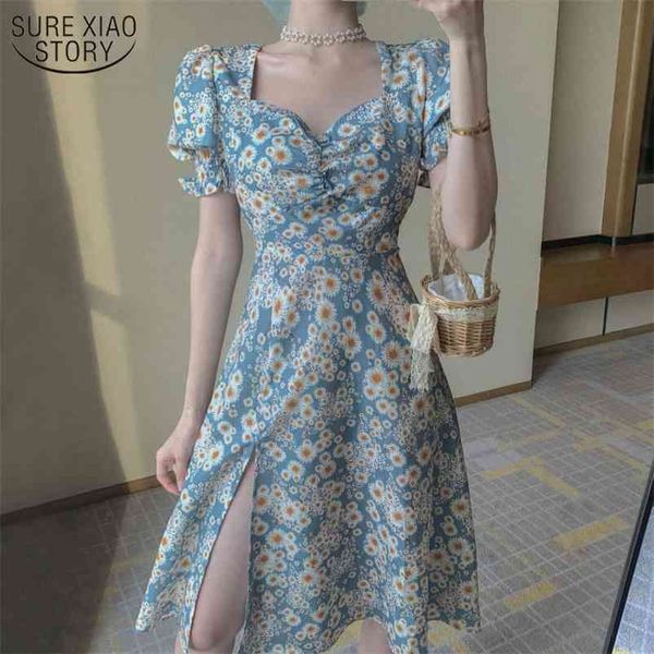 

vestido summer floral dress hepburn style print flowers sweet puff sleeve chiffon split oversize women clothes robe 14555 210508, Black;gray
