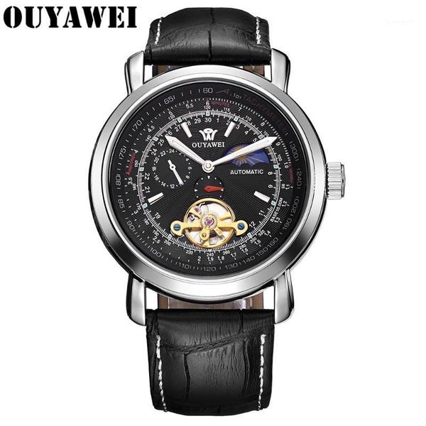 

genuine tourbillon watch men's mechanical wristwatches automatic brand-name leather self-wind hollow round, Slivery;brown