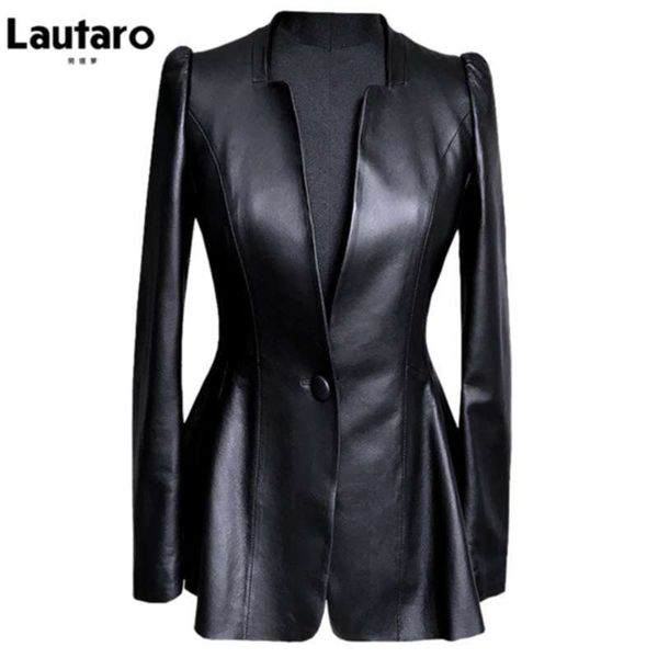 

lautaro autumn black slim soft pu leather jacket women deep v neck long puff sleeve elegant luxury skirted blazer fashion 210929