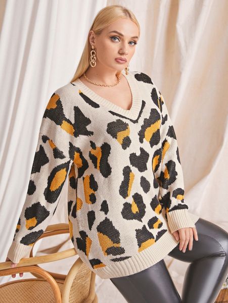 

plus leopard pattern drop shoulder sweater i5ge#, Black
