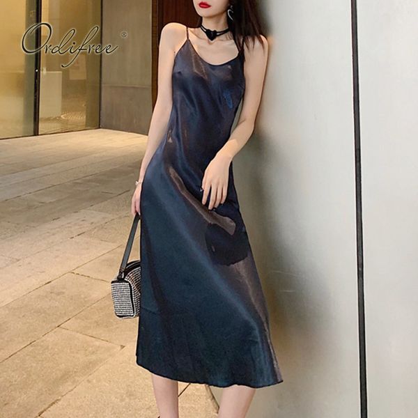 

summer women satin slip vintage basic spaghetti strap silk midi dress 210415, Black;gray