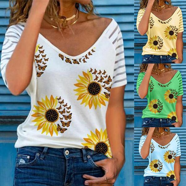 

women's t-shirt ladies casual short sleeved summer v neck loose t shirt female printed fashion plus size clothing, White