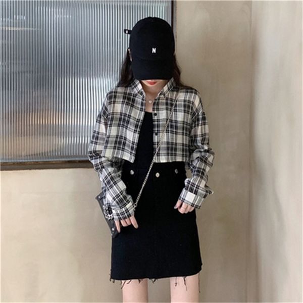 

vintage plaid fashion basic short design thin long sleeve turn down collar women female casual shirts 210522, White