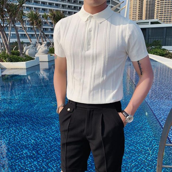 

men's polos british style summer striped shirts men clothing 2021 simple slim fit short sleeve casual business tee shirt homme 5colors, White;black