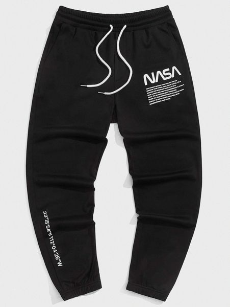 

men drawstring waist slogan pattern sweatpants v837#, Black