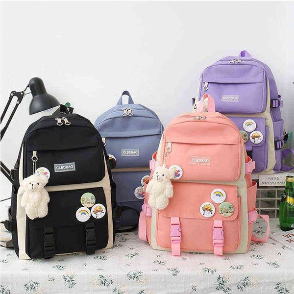 Backpack Style Bag2022 Women Laptop 4 Peças Conjunto Harajuku Escola de Canva para Adolescente Kawaii College Student Kid Book 220723