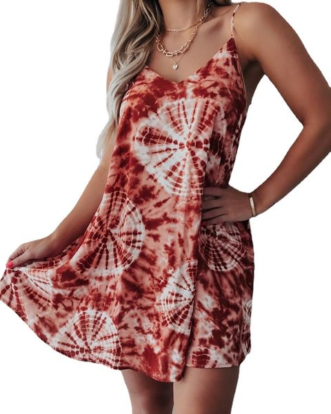 

boutique dress 2021 women's tie dye printed suspender a-line fm, Black;gray