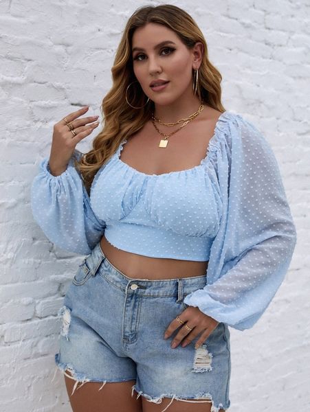 

plus swiss dot bishop sleeve crop 853o#, Black