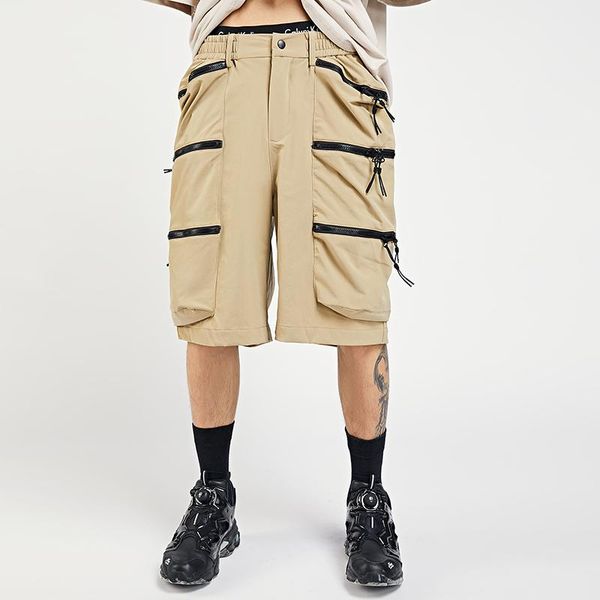 

men's shorts japanese multi-pocket loose summer mens cargo elastic wasit high street straight five point pants hip hop casua short, White;black