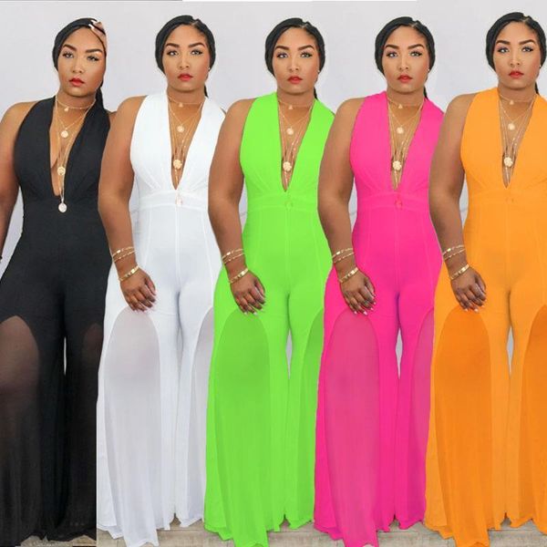 

solid chiffon plus size women jumpsuit button deep v neck sleeveless see through wide leg party rompers xl, Black;white