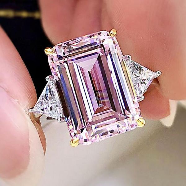 

cluster rings vintage 925 sterling silver women's 10*14mm emerald cut z pink quartz lab diamond gemstone wedding bands fine jewelry, Golden;silver