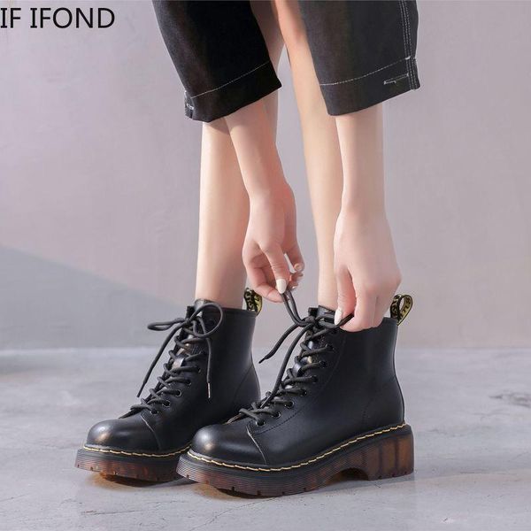 

boots if ifond ankel for women lace-up motorcycle biker winter autumn non-slip shoes botas mujer, Black