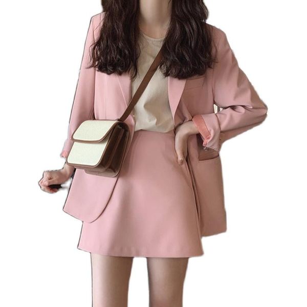 

two piece dress pink mid-length casual long-sleeved suit jacket skirt, White