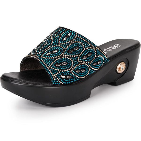 

slippers plus size 41 crystal sandals 2021 summer mother's female genuine leather shoes peep toe waterproof antiskid, Black