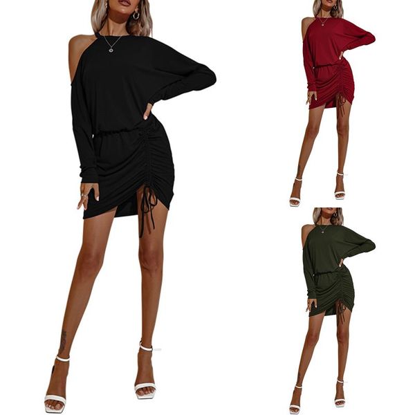 

casual dresses autumn lady women's dress off-the-shoulder bodycon solid color round collar batwing sleeves black/ wine red/ army green, Black;gray