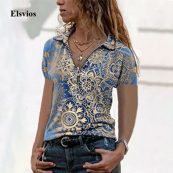 

women's t-shirt 2021 summer short sleeve woman loose t shirts casual vintage print women tee shirt fashion v neck zipper, White