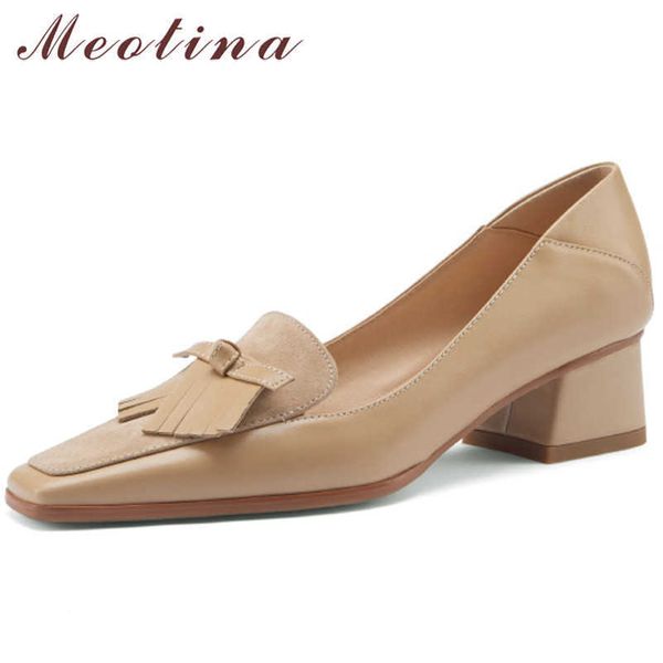 

meotina med heels natural genuine leather women shoes fashion bow square toe pumps block heel ladies footwear spring apricot 40 210608, Black