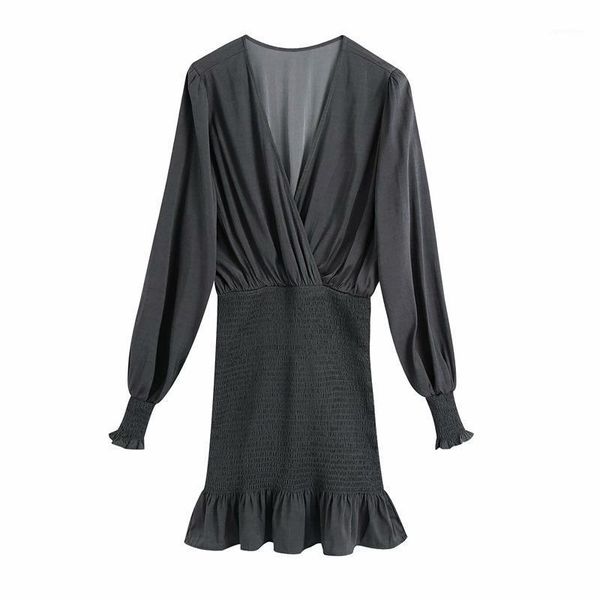 

casual dresses women summer pencil mini dress solid v-neck long sleeve elasticity ruffles female elegant vintage clothes vestidos, Black;gray