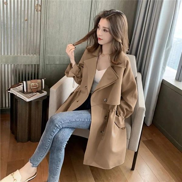 

women's trench coats lining windbreaker femme mid-length spring autumn coat wild loose suit collar casual thin women 2021, Tan;black