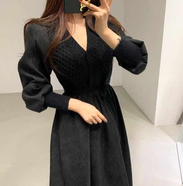 

casual dresses v-neck drawstring slim waist vestidos vintage puff sleeve dress twist knitted patchwork women autumn winter, Black;gray
