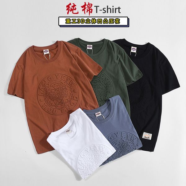 

t shirt american creative tiger head 3d three dimensional concave convex printing short sleeve men's pure cotton fluffy half top, White;black