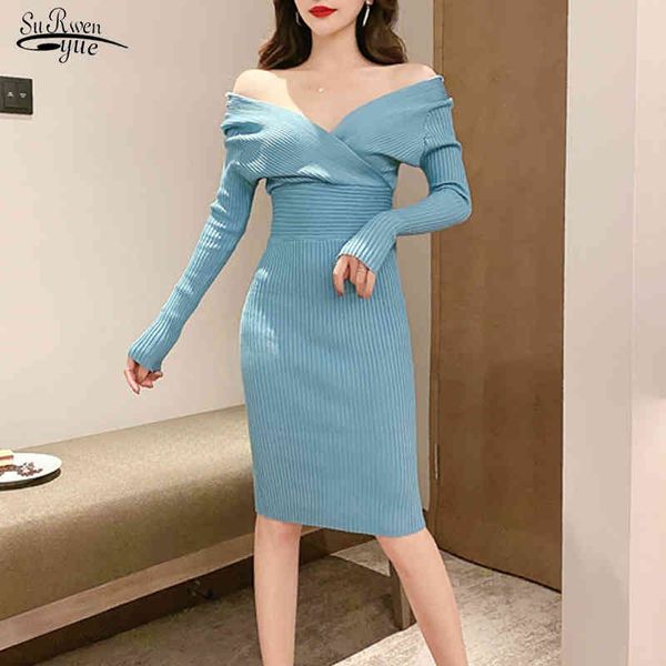 Abito maglione a maniche lunghe a vita alta con scollo a V e spalle scoperte Sexy lavorato a maglia Guaina moda donna Vestido Feminino 12251 210521