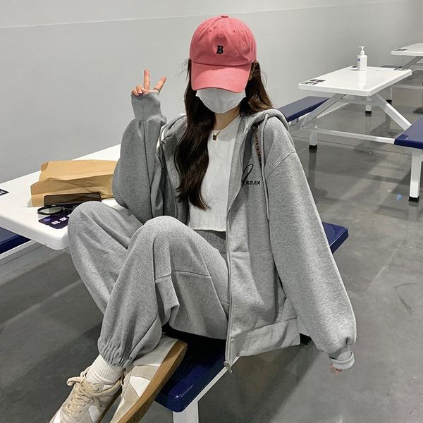 

women's two piece pants sets oversize sweater and set autumn korean 2021 sports style embroidered letters love hooded long sleeve jacke, White