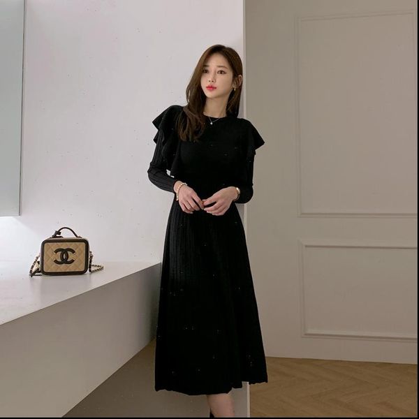 

one piece long sweater womens dress fashion korea sleeve ruffle crew neck knitted winter maxi dresses, Black;gray