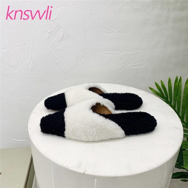 

designer women slippers wool winter woman toe furs mules ladies slides runway shoes flat zapatos de mujer yaew, Black