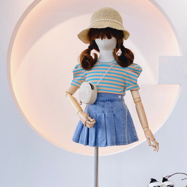 

summer girls clothing sets puff sleeves striped ruffled edge denim skirt pants baby kids clothes suit children clothing, White