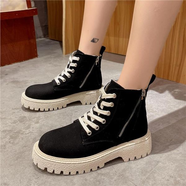 

boots fashion lacing side zipper women's autumn 2021 solid color thick bottom high canvas breathable shoe simplicity, Black