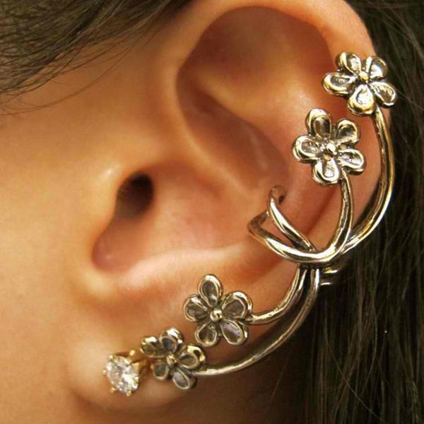 

clip-on & screw back fashion selling retro metal flower ear clip punk nightclub exaggerated crystal cuff earrings for women 0108, Silver