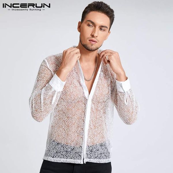 

men's casual shirts incerun 2021 fashion men white party nightclub camisa see-throughed solid color blouse long sleeve s-5xl, White;black
