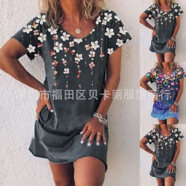 

casual print short sleeve v-neck dress in spring and summer, Black;gray