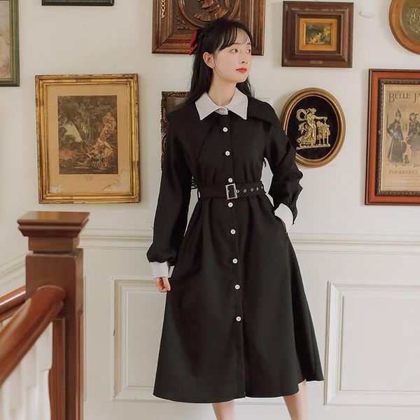 

casual dresses coigarsam office lady full sleeve women dress winter french style vintage solid single breasted black red 5507, Black;gray