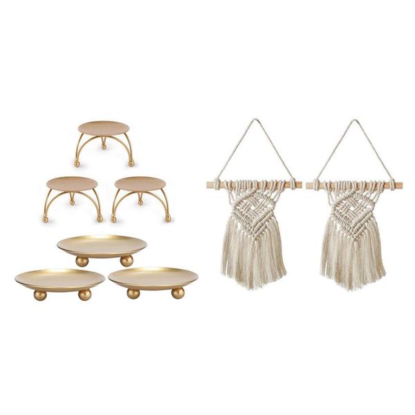 

tapestries 2pcs boho wall hanging macrame handwoven tassel tapestry decorative with 6pcs candle holder,iron pillar holder