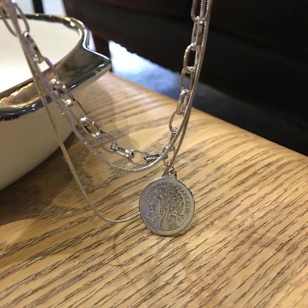 

chains modern jewelry circular coin pendant necklace 2021 design multi layer silvery plating chain for girl lady gifts, Silver