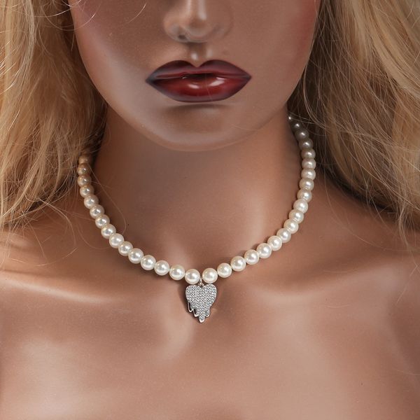 

fashion mens pearl chokers necklace womens heart pendant hip hop jewelry beaded chain collar necklaces, Silver