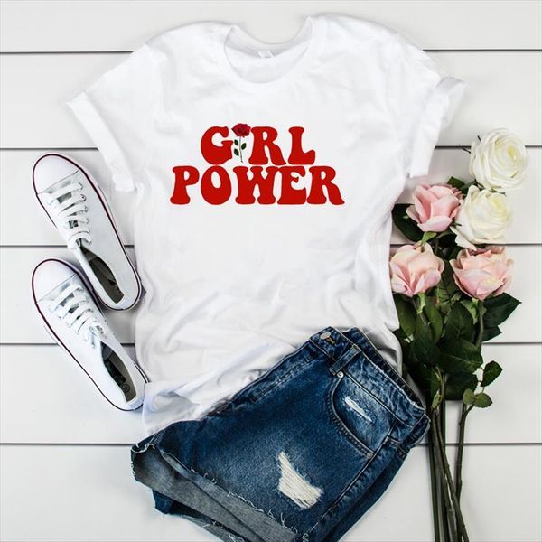 

girl power flower printed womens short sleeve tee clothes graphic, White