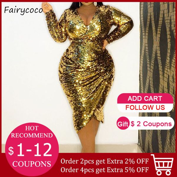 

sequins dress women fashion midi dresses golden party night club african ladies v-neck long sleeve plus size 2021 spring, Black;gray