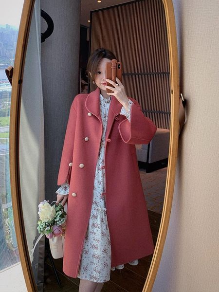 

women's wool & blends of the autumn winter temperament woolen coat fashion rose double-sided cashmere mid-length manteau femme hiver, Black