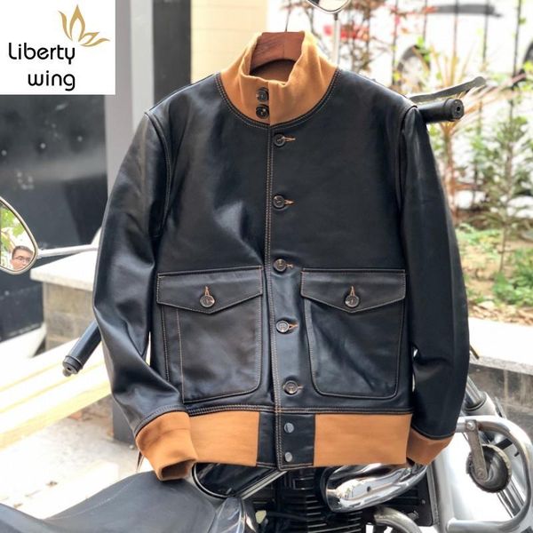 

men's leather & faux vintage mens stand collar flying casual pockets slim fit bomber coat outwear male autumn sheepskin genuine jacket, Black