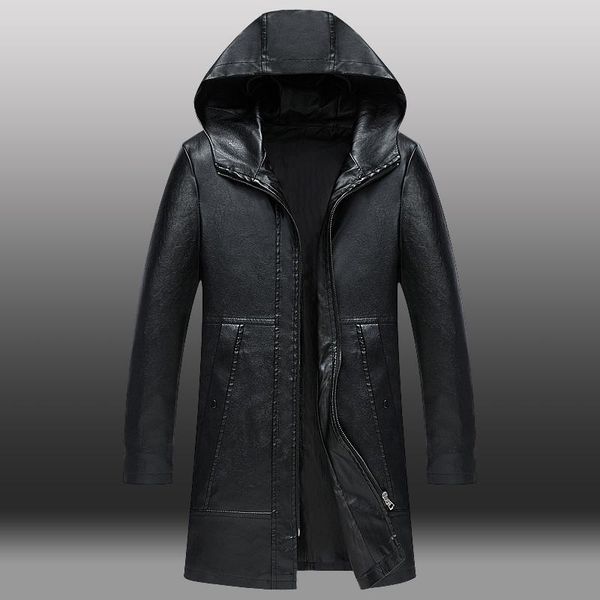 

men's fur & faux 2021 casual long hooded leather jackets mens, Black