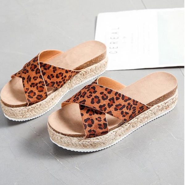 

women slippers summer woman cross band wedges women's high increase platform leopards slides open toe shoes plus size 431, Black