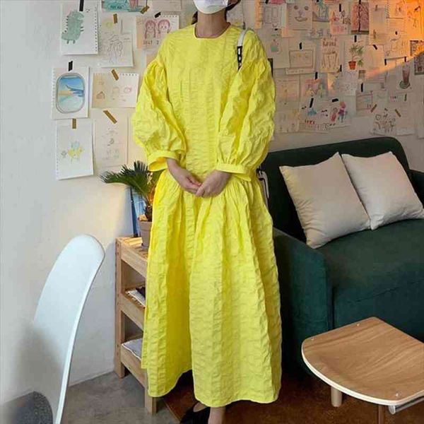 

[ewq] long lantern sleeve womens dresses large swing mid calf dressws soft yellow folds dress spring round neck loose, Black;gray