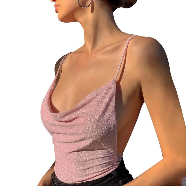 

women tank backless low chest vest bright silk streetwear beach camis, White
