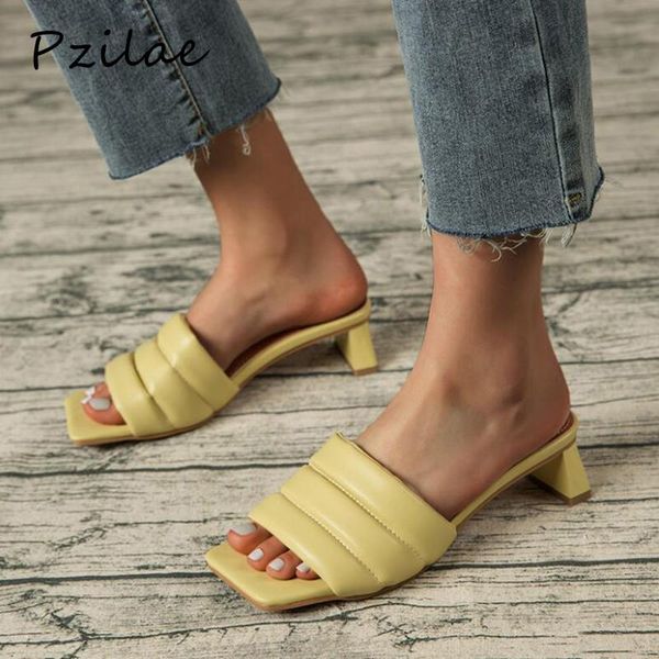

pzilae 2021 vintage square toe mules womens slippers shoes summer fashion med heel slides laides rome women, Black