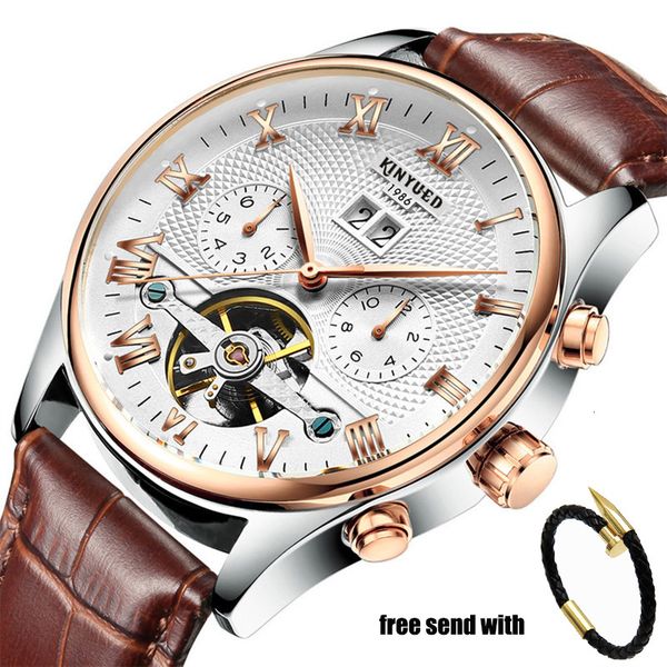 

real leather gentlemen mechanical watches hollow moon phase automatic tour balloon men classic calendar relogio masculino, Slivery;brown
