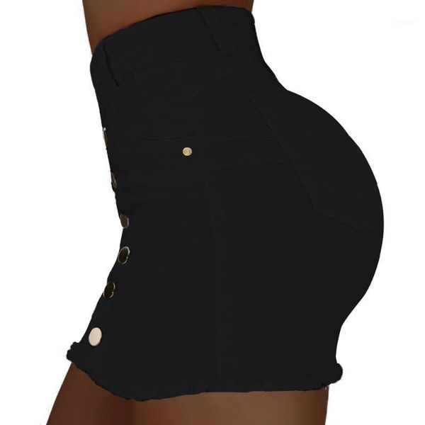 

casual high waist pencil denim skirts women 2021 summer black white solid button all-matched jeans mini skirt streetwear d30
