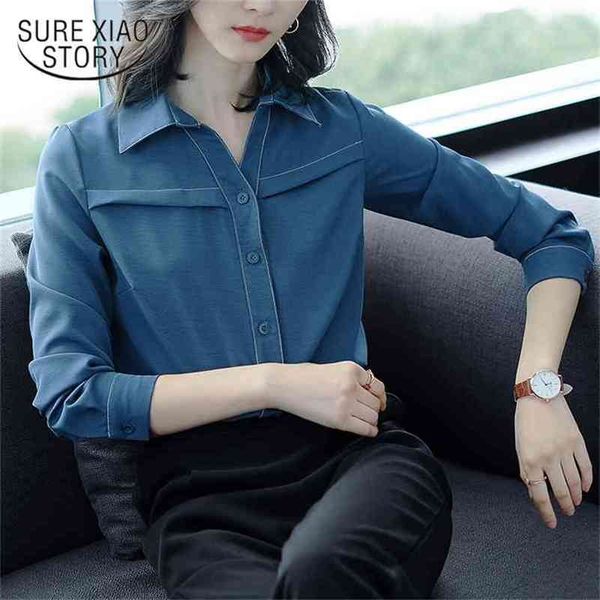 

arrival autumn women blouse vcollar novelty design long sleeved korean style dark color chiffon shirt 1089 40 210506, White
